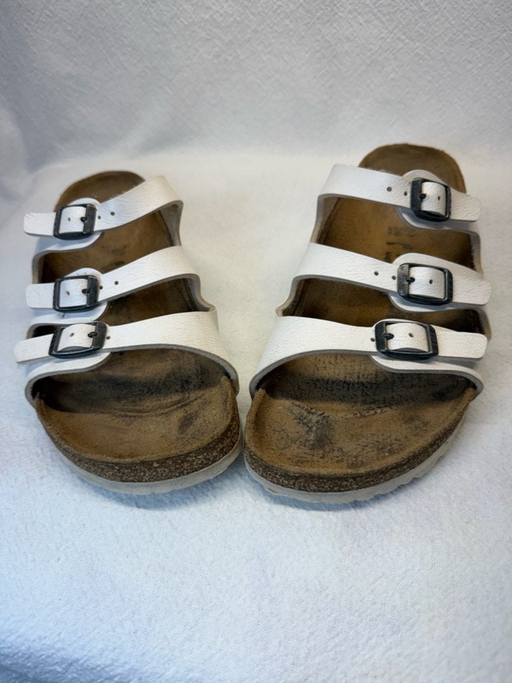 Hippie Style Birkenstock Women Florida White Triple-Strap Cork Footbed Sandals - Picture 6 of 10